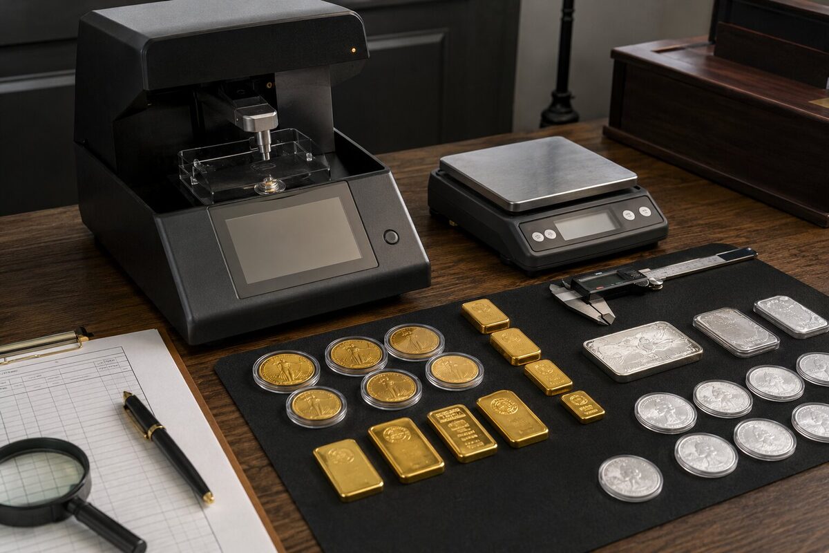 Gold and silver coins and bars arranged beside a precious-metal verifier, scale and calipers