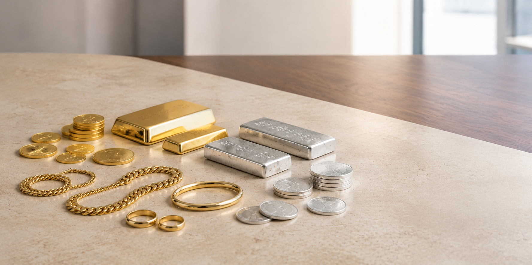 Gold coins, gold bars, gold jewelry and silver bullion evaluated by Premier Gold Buyers