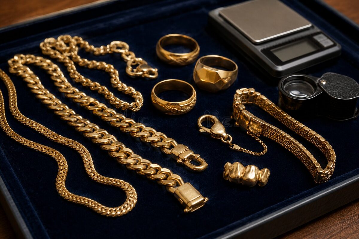 Gold chains, bracelets and rings arranged for professional evaluation with a gram scale and loupe