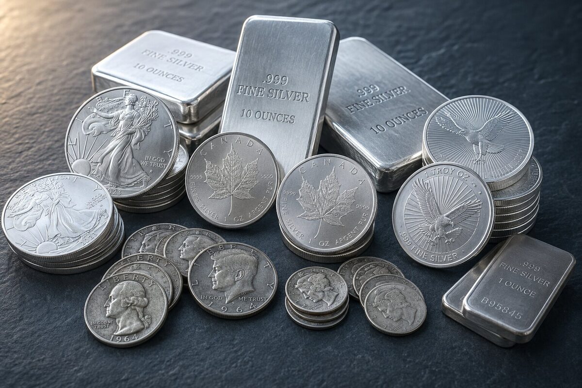 American Silver Eagles, Canadian Silver Maple Leafs, 90 percent U.S. silver coins and silver bars arranged for evaluation